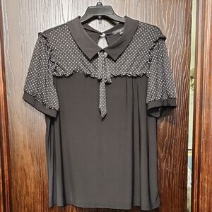 Black Short Sleeve Blouse with Ruffled Tie Front